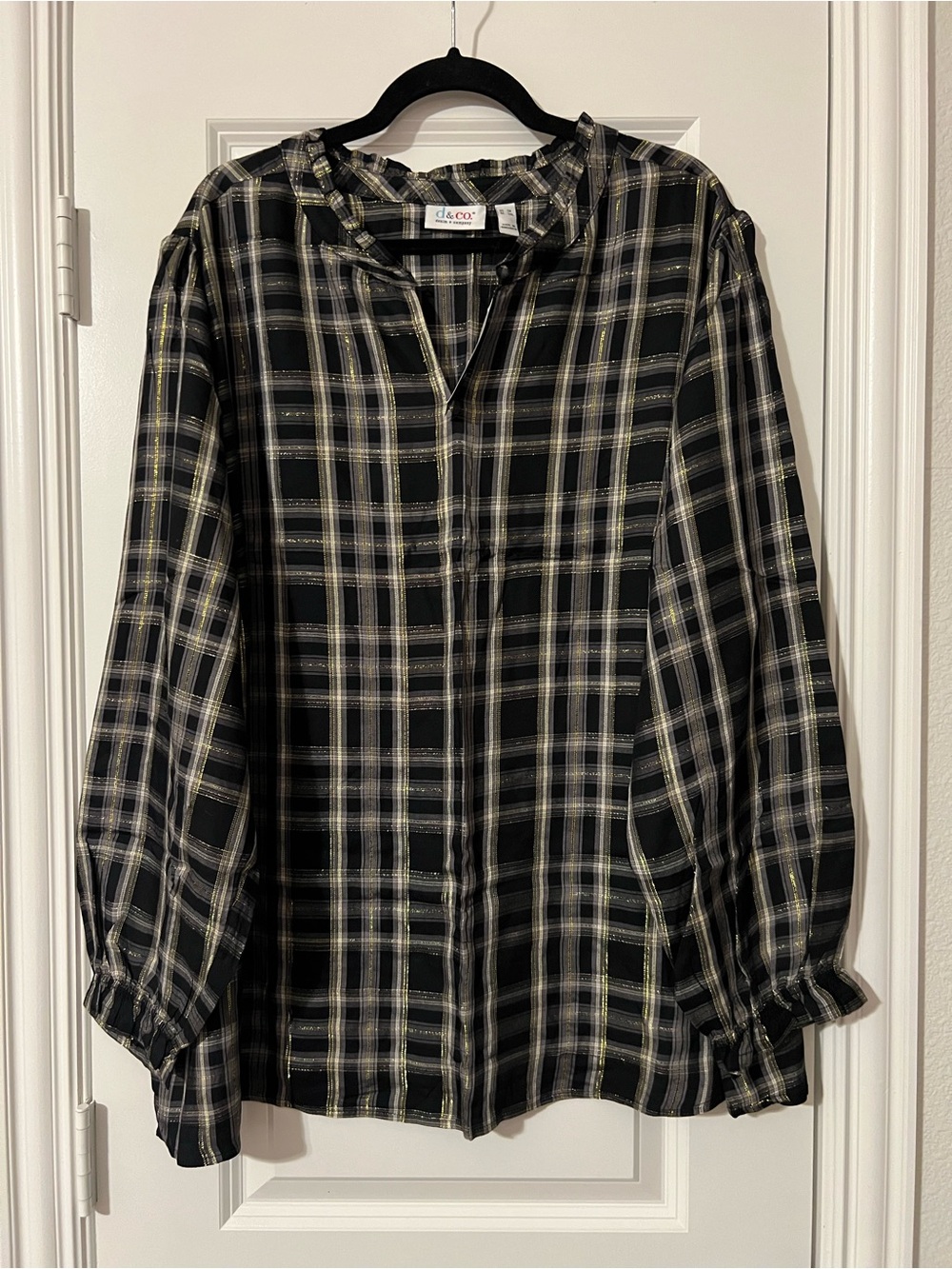 Black Plaid Long-Sleeve Top with Metallic Thread